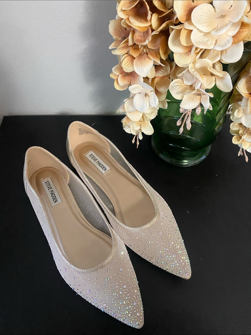 Steve Madden Veloche Sparkling Rhinestone Ivory Pointed Toe Flats